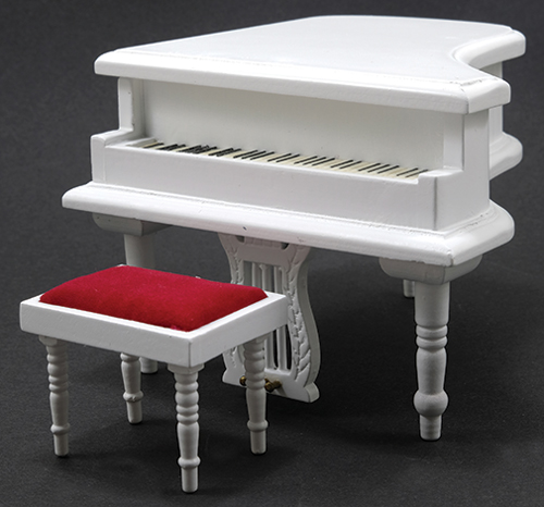 Dollhouse Miniature Baby Grand Piano with Stool, White